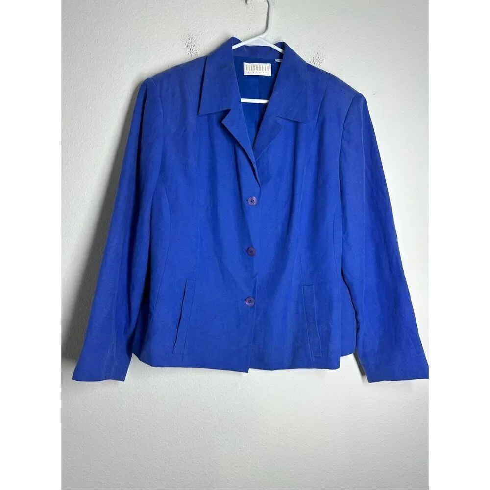 Elisabeth By Liz Claiborne Blazer Womens Sz 18 Blue Shoulder Pads Silk Linen